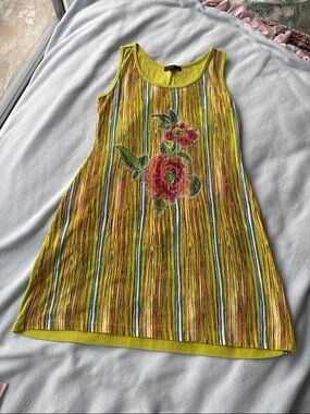 Boho Chartreuse Striped Mini Dress with Floral Appliqué and Sequins 100% cotton